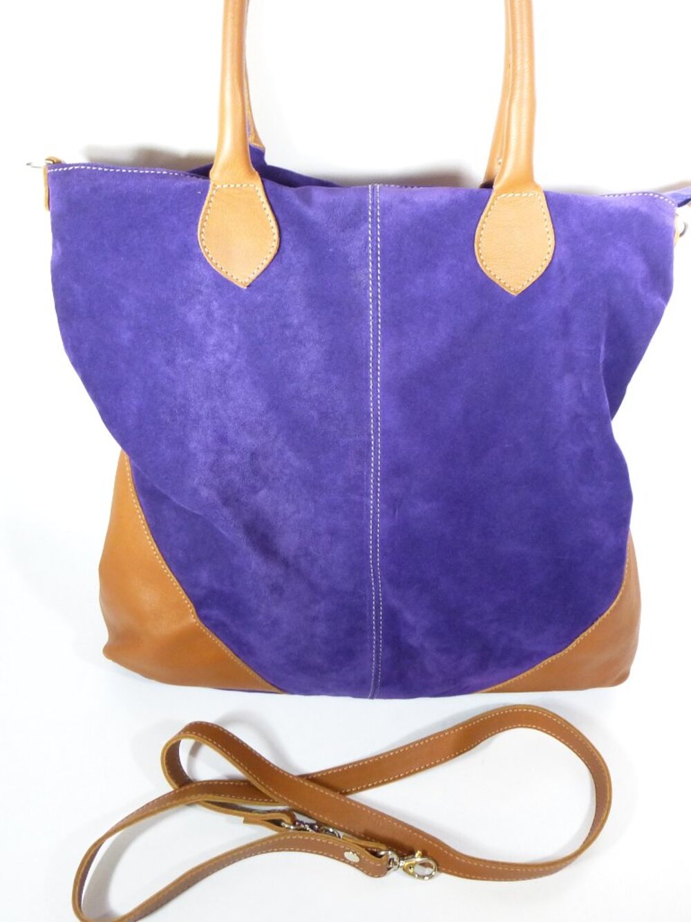New purple suede handbag with brown smooth Italian leather accents
